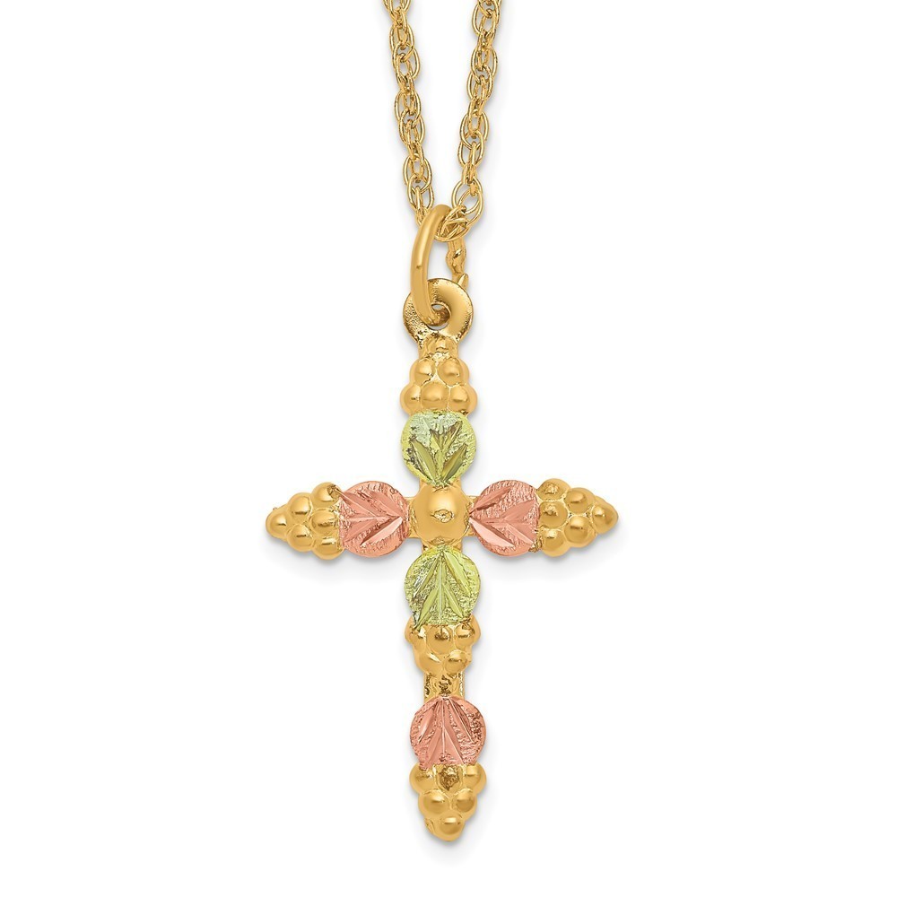 10k Tri-Color Black Hills Gold Religious Cross Pendant Necklace with 18" Chain